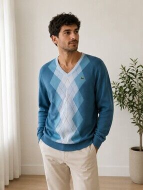 Lacoste Men's Teal and Light-Blue Argyle V-Neck Sweater Size 7